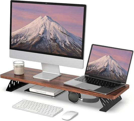 Fenge Monitor Stand Riser, Wooden & Metal Desk Shelf Organizer, Brown | 31.5in Computer Stand, Single Monitor Setup, for Compact Work Station, Multifunctional Monitor Shelf for Laptop, PC, Printer by Fenge