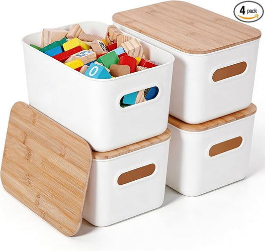 Citylife Storage Bins with Bamboo Lids 7QT Plastic Storage Containers Stackable Organizer Boxes with Handle for Desk Snacks, Toys, 4 PCS, 10" L x 7" W x 5.8" H by CITYLIFEHomeOrganization
