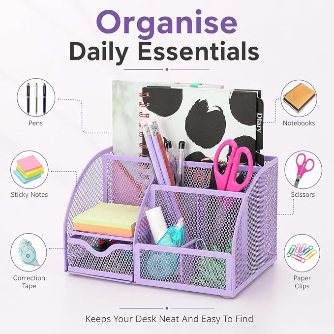 Exerz Metal Mesh Desk Organizer 7 Compartments with Drawer Light Purple | Compact Stationery Caddy with Multi Size Sections for Neat Study Work and Home Storage Needs - Image 5