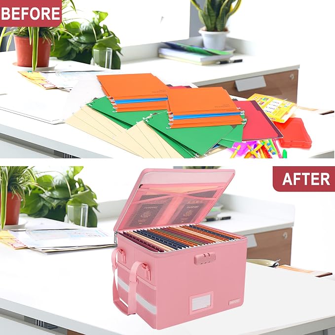 ENGPOW File Box with Lock, Fireproof Document Box with Pockets, Collapsible File Organizer Filing Storage Cabinet with Handle, Portable Home Office Safe for Hanging Letter/Legal Folders, Pink, 2 Pack - Image 7