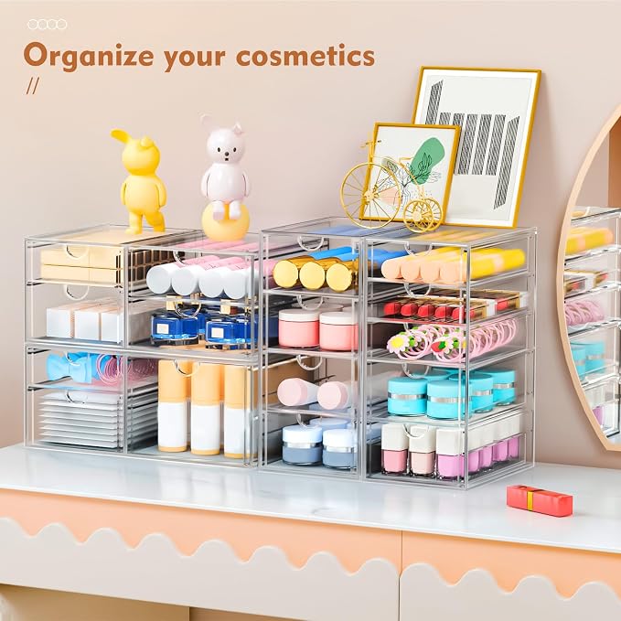 ARSTPEOE 17-Drawer Acrylic Storage & Makeup Organizer for Desk, Bath | Smooth-glide drawers, clear acrylic, 4-set stackable, dustproof, wipe-clean, for serum samples, sheet masks, bobby pins - Image 7