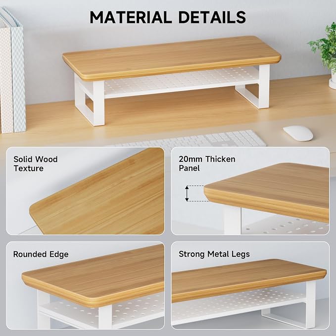 Monitor Stand Riser, 24 Inch Computer Monitor Stand for Desk, 2-Tier Wood Desk Shelf Organizer with Storage, Desktop Stand for Laptop/Screen/PC/Printer, Ergonomic Home Office Monitor Stand - Image 5