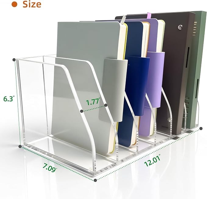 Clear Acrylic Magazine File Holder, 6 Compartment Desk Organizer | 6 spacious vertical compartments hold magazines, files, books & more. 5mm thick clear acrylic, non-slip base. No assembly. - Image 2