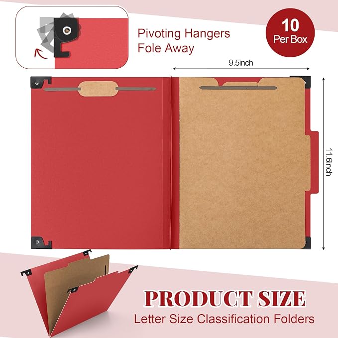 Henoyso 10 Pcs Hanging Classification Folders Bulk with 2 Prongs, 1 Divider Letter Size, 2 Inch Expansions Pressboard File Folder, 1/3-cut Tab File Organizer (1 Divider,Dark Red) - Image 2