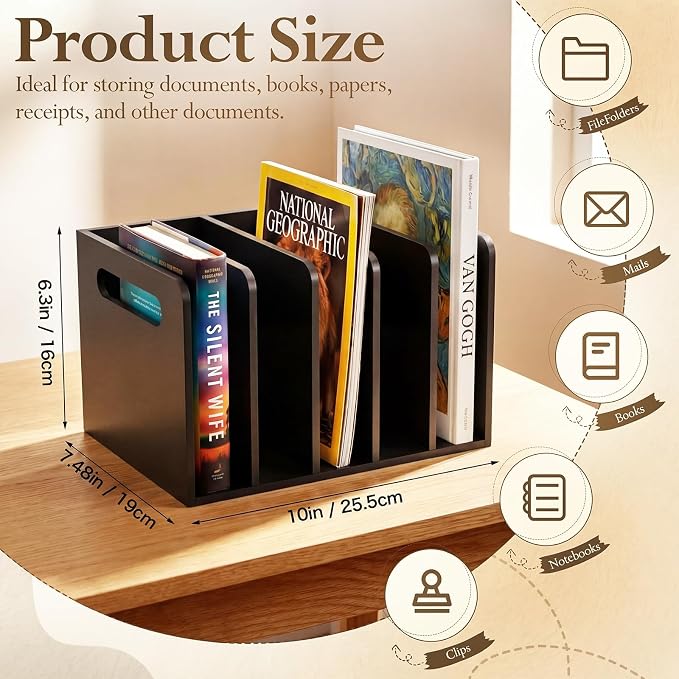 Didaey 1 Pack Acrylic Magazine File Holder, 5 Vertical Compartments Desk Sorter Organizer Magazines Documents Books Accessories Black Folder Rack Binder for Office Home(B5, 5 Sections, Black) - Image 2
