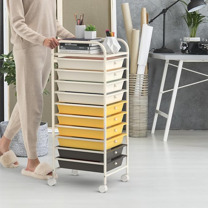 Storage Cart, Rolling Utility Cart with 10 Drawers, Portable Handles & Lockable Wheels, Mobile Paper Toys Storage Organizer Large Capacity for Home Office School Teacher (Yellow) - Image 2