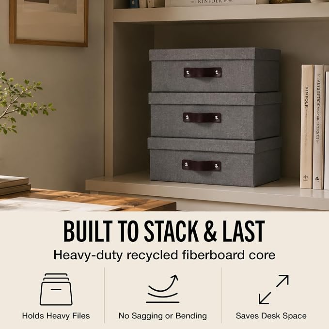 Bigso Box of Sweden Oskar Canvas Fiberboard Document Letter Box - File Organizer Box for Important Paperwork - Document Storage with a Lid & Handle - 3.3 in x 10.2 in x 13.8 in - 3 Pack - Grey - Image 3