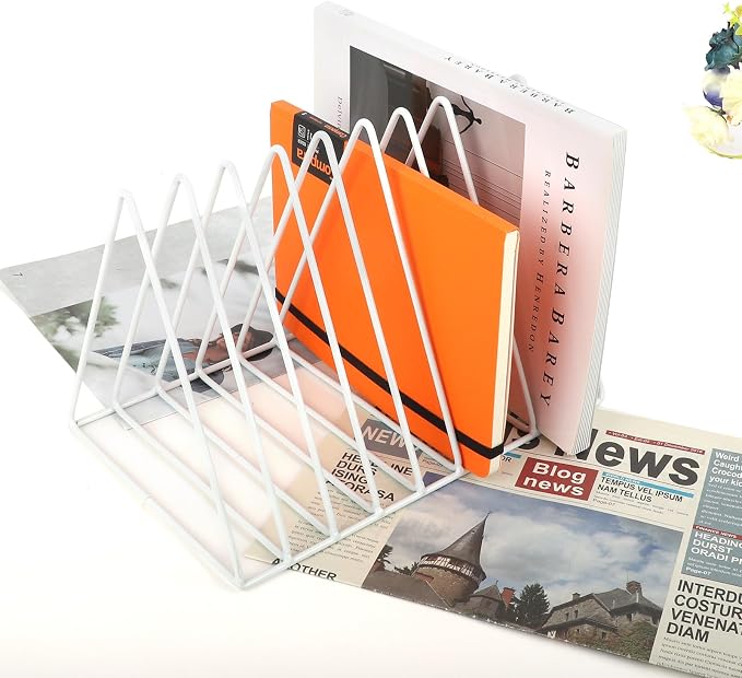 Vinyl Record Holder Storage, 9 Slot Metal Magazine Book Album Display Rack, Stylish Triangle Desktop File Sorter Organizer for Home Office, White Pack of 2 - Image 4