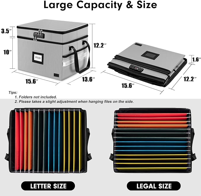 Fireproof File Oganizer with Lock, 2 Layer Fireproof Document Box Storage | Portable File Cabinet Storage Box with 5 Tab Inserts & Handle for Hanging Letter, Legal Size Folder, Certificate - Image 4