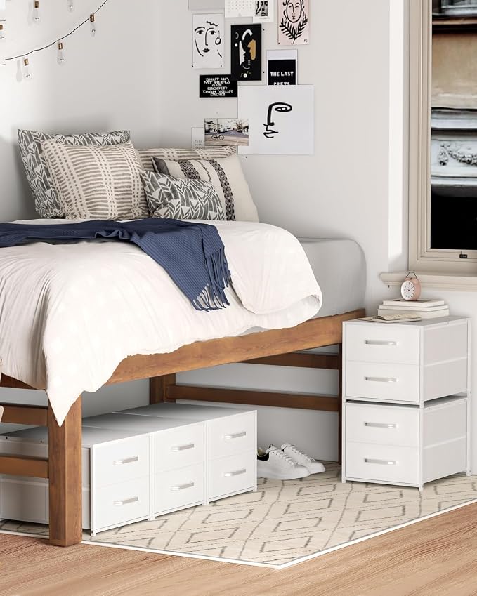 Stackable Storage Drawers - 2 Tier Closet Organizer with Metal Handles and Metal Frame, Collapsible Fabric Bins Dresser for Bedroom, Dorm, Office, White, 1 Pack - Image 5