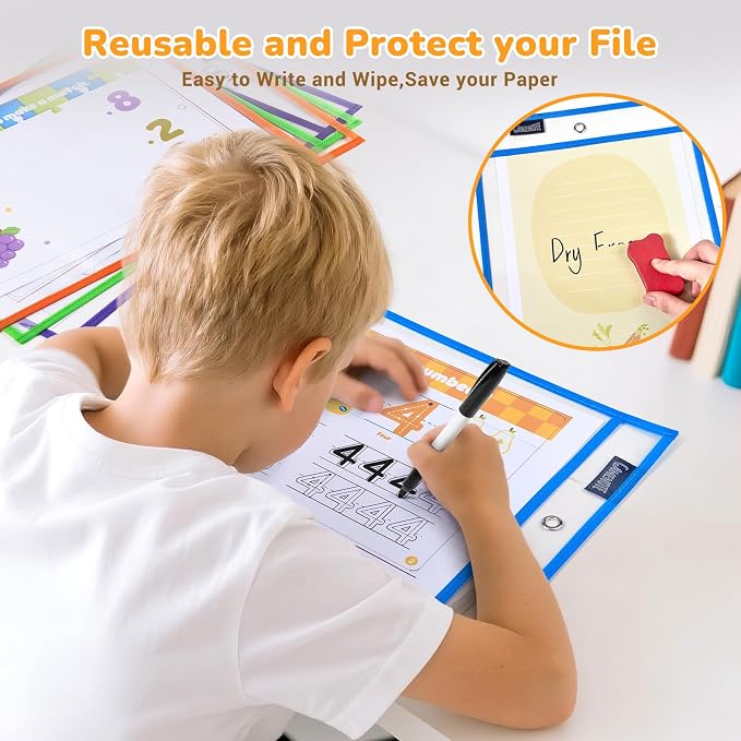 GAMENOTE 30 Pack Dry Erase Pockets, 10x14 Reusable Sleeves, 10 Colors | 30 reusable PVC pockets hold 8.5 x 11 and 9 x 12 sheets; double sided wipe clean surfaces, pen loops, eyelets, and 5 rings - Image 3