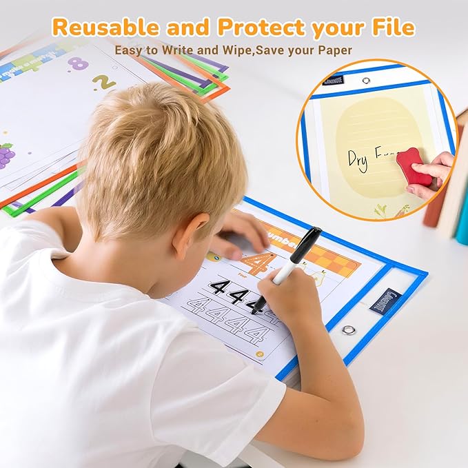 GAMENOTE 10 Pack Dry Erase Pockets, 10x14 Reusable Sleeves, 10 Colors | 10 reusable PVC pockets hold 8.5 x 11 and 9 x 12 sheets; double sided wipe clean surfaces, pen loops, eyelets, and 5 rings - Image 3