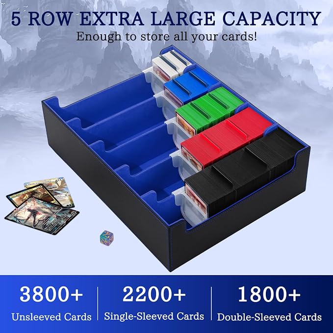 5 Row Trading Card Storage Box, 3800+Bulk Card Organizer Box with 20 Dividers & 5 Supporters, Graded Card Deck Box for YuGiOh, MTG, TCG Black/Blue - Image 2