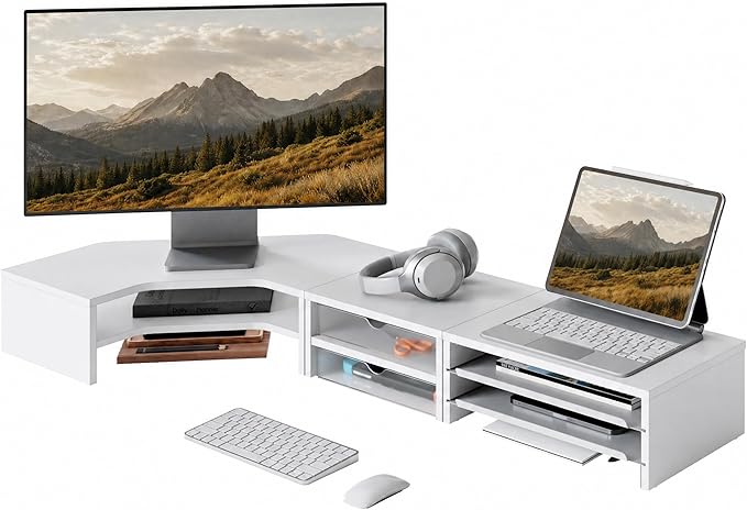 Fenge Dual Monitor Stand, Corner Desk Shelf with Drawer & Slide-Out Tray | Modular Design for Flexible Layouts, 2-Tier Storage Desktop Organizer for Computer, Laptop, Printer and Telephone by Fenge