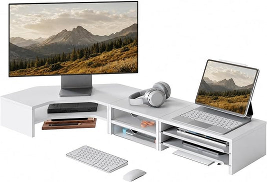 Fenge Dual Monitor Stand, Corner Desk Shelf with Drawer & Slide-Out Tray | Modular Design for Flexible Layouts, 2-Tier Storage Desktop Organizer for Computer, Laptop, Printer and Telephone by Fenge