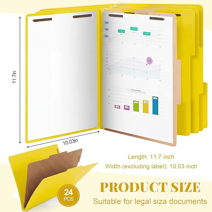 AmazingSpark 24 Pcak Yellow Classification Folders Letter Size, 1 Divider, 1/3-cut Tab, File Folders with Fasteners, Prongs, Expanding File Organizer Bulk for Office Employee, Coworker, Staff - Image 2