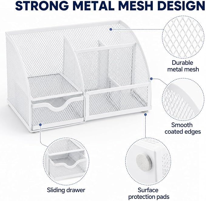 Exerz Desk Organizer 7 Compartments Metal Mesh Pen Holder Caddy White | Compact White Desktop Storage for Notes Clips Scissors Rulers Craft Tools Makeup Study and Home Use - Image 3