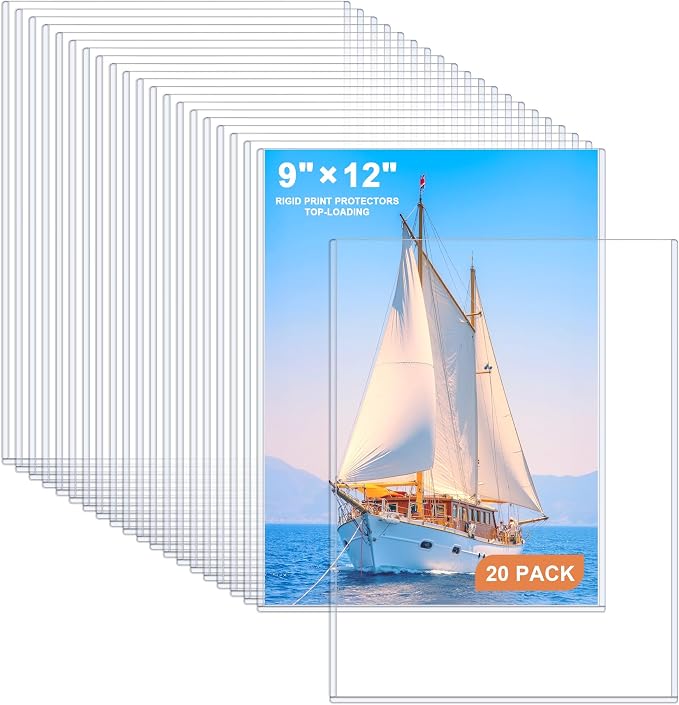 Ndsox 20 Pack 9" x 12" Rigid Print Protectors Clear Hard Plastic Sheet Protectors Top Loading for Photographs, Photo Papers, Posters, Prints, Birth Certificates, Heavy Duty No-Hole Rigid Photo Sleeves by NDSOX