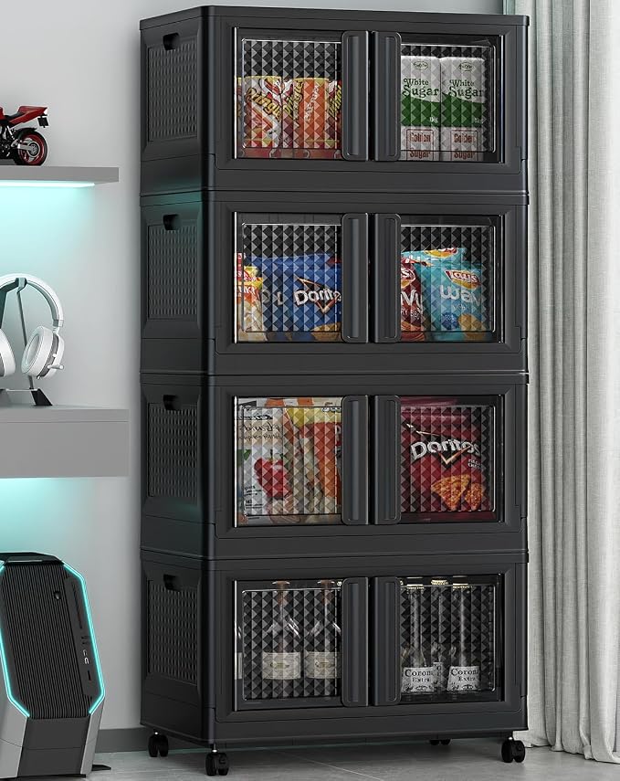 BROVIEW 400Qt Stackable Storage Bins with Lids, 100Gal Closet Organizers and Storage Drawer, Plastic Collapsible Storage Bins with Doors, Heavy Duty Store Box Cabinet for Home Kitchen, 4Pack Black - Image 9