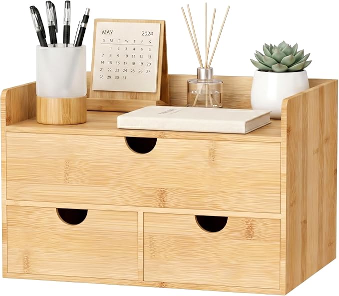 Bamboo Desk Organizer with Drawers, Desktop Storage for Office Supplies | 3 Drawers Desktop organizer, No Assembly Required, Natural Wood Wooden Desktop Drawers Box for Bills, Cosmetics, Seals, Paper by Wisuce