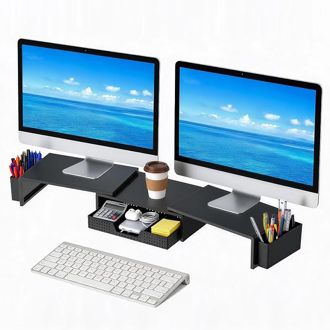 LEKETREE Dual Monitor Stand Riser with Drawer, Desk Organizer and Accessories, Monitor Stand for Desk, Desktop Stand for Computer, Laptop, TV and More (Black) by Stylishworkspaceeffortlessorganization