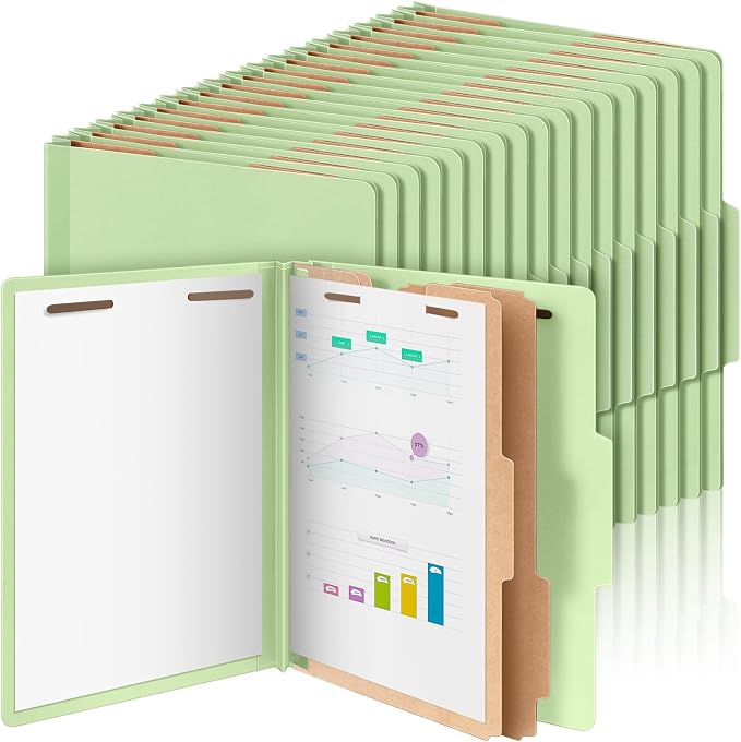 AmazingSpark 60 Pcs Classification Folder Letter Size Bulk, 2 Divider Pressboard File Folder with Expansion 2 Prong Fastener Heavy Duty Office File Organizer for School Medical Document(Light Green) by Unknown
