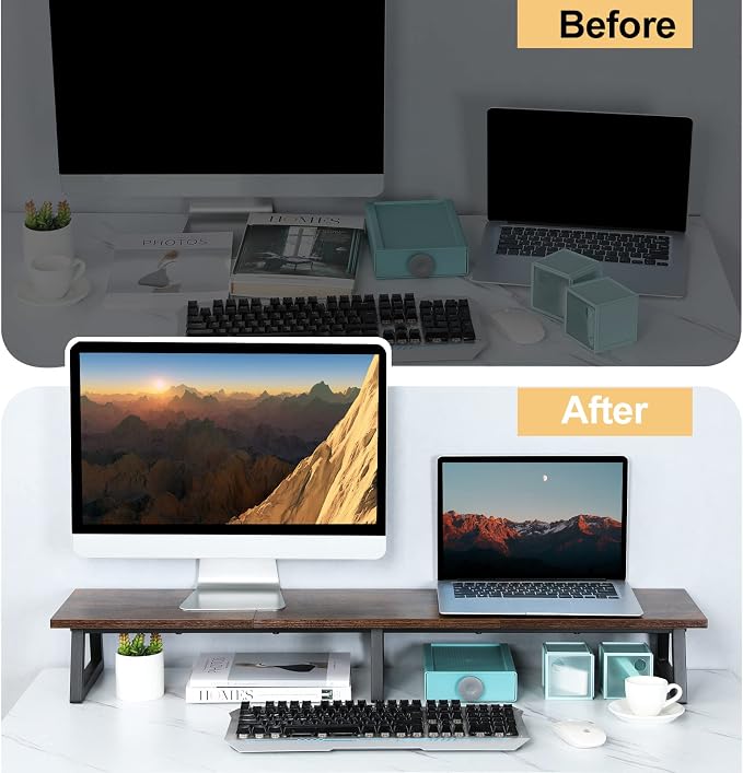 TEAMIX 42 inch Large Dual Monitor Stand Riser,TV Riser,Desk Shelf Organizer | Extra Long Computer Stand, Wood & Steel, Holds 300lbs, Keyboard/PS5/Soundbar Storage Underneath, For Home Office & Gaming - Image 7