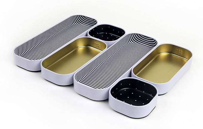 Three by Three Seattle Metal Drawer Organizer Tray Set, 6-Pc, 1" (Gold) | Colorful food-safe metal bins; soft non-scratch base; kitchen, bathroom, vanity, desk, makeup & office drawers by ThreebyThreeSeattle