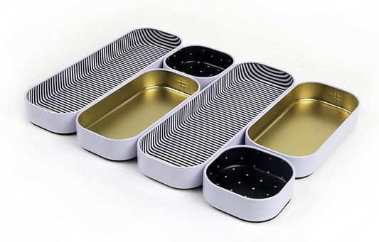 Three by Three Seattle Metal Drawer Organizer Tray Set, 6-Pc, 1" (Gold) | Colorful food-safe metal bins; soft non-scratch base; kitchen, bathroom, vanity, desk, makeup & office drawers by ThreebyThreeSeattle