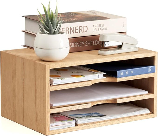 KIRIGEN Wooden Desk Organizer 3-Tier Letter Tray and Paper Sorter, Natural | Solid Wood Paper Tray Document Holder Organizer for Letters, Files, Folders, Mail, Magazines and Office Supplies by KIRIGEN