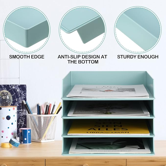 Tatuo 4 Pack Stackable Paper Trays Plastic Letter Tray Desk Organizer Paper Holder Organizer Storage Office Desk Accessories for Classroom Magazine File Documents 12.8 x 9.45 x 1.97, Blue Green - Image 3