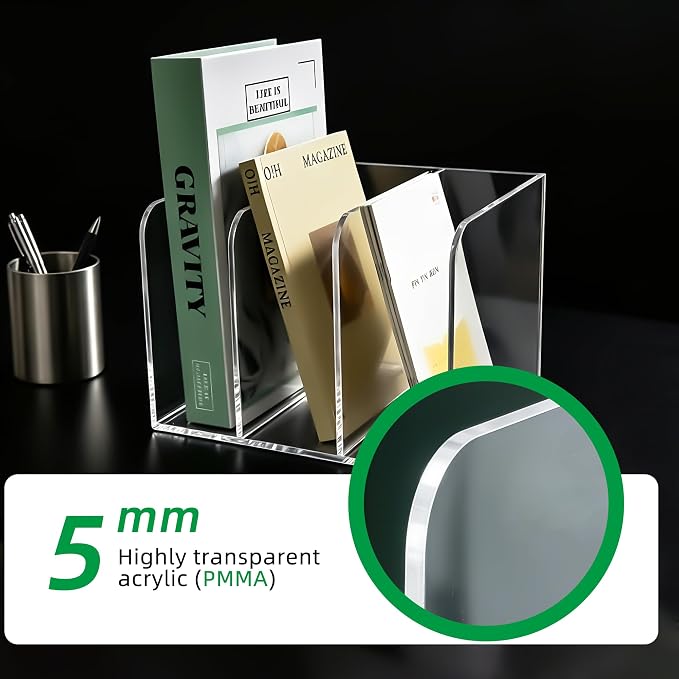 Clear Acrylic 3-Slot Magazine File Holder, Vertical Desk Organizer | 3 extra-wide compartments hold magazines, files, books, tablets. 5mm thick clear acrylic, non-slip base. No assembly. - Image 3