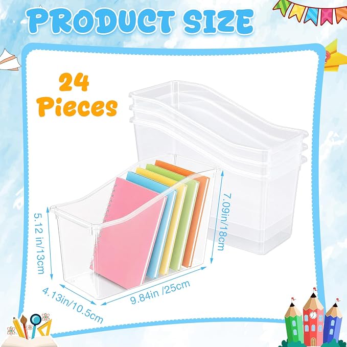12 Pcs Book Bins for Classroom Plastic Binder Holder Magazine Stuff Folder File Organizer Box for Home Office School Supplies (Clear) - Image 3
