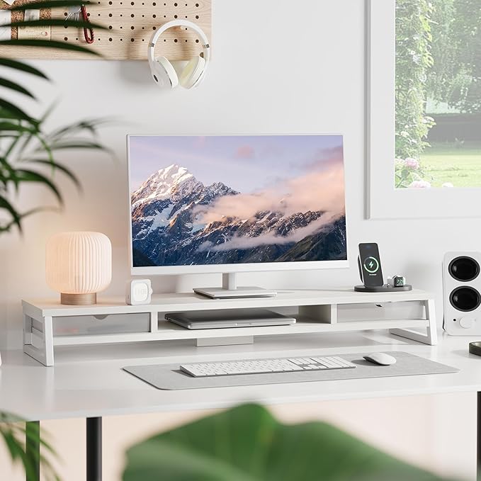 Fenge Dual Monitor Stand Riser, 42.5in Desk Shelf with 2 Drawers, White | 2-Tier Monitor Shelf for Desk, Storage Drawer with Stopper, Frosted, fit Home Office, Ultrawide Screen, PC, Laptop, TV - Image 2