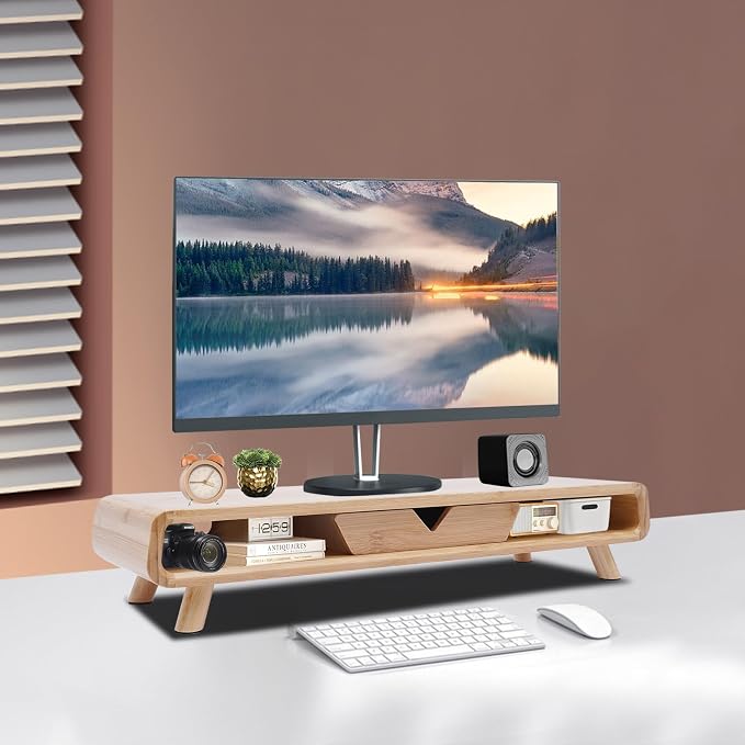 Bamboo Monitor Stand Riser Exquisite Monitor Stand with Drawer Ergonomic Height Wood Monitor Stand, No Assembly Required - Image 5
