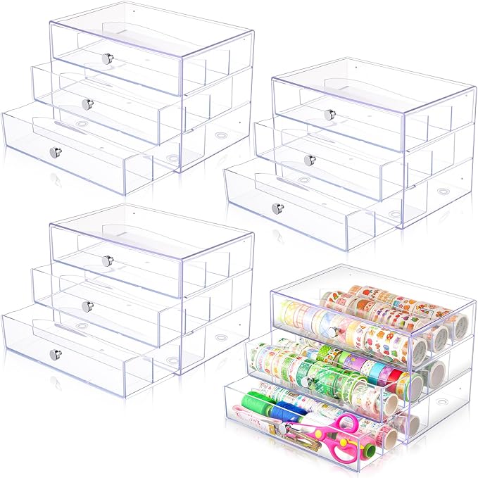 4 Pack 3 Drawer Washi Tape Organizer Plastic Washi Tape Storage Cube Organizer Box 10 x 7 x 6.8 Large Capacity Clear Storage Drawer Holder for Art Craft Embellishments Jewelry Makeup by Wonderjune
