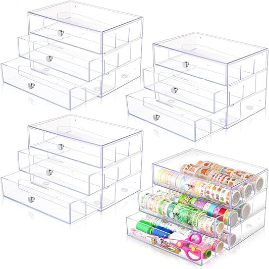 4 Pack 3 Drawer Washi Tape Organizer Plastic Washi Tape Storage Cube Organizer Box 10 x 7 x 6.8 Large Capacity Clear Storage Drawer Holder for Art Craft Embellishments Jewelry Makeup by Wonderjune