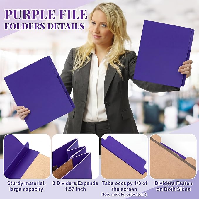 AmazingSpark 24 Pack Purple Classification Folders Letter Size, 1 Divider, 1/3-cut Tab, File Folders with Fasteners, Prongs, Expanding File Organizer Bulk for Office Employee, Coworker, Staff - Image 6
