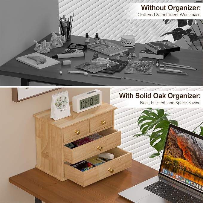 Oak Desk Organizer with Drawers, Durable Wooden Desktop Storage Box | 4 Drawer Tabletop Organizer with Metal Handles & Non-Slip Pads for Office, Bedroom, Bathroom, Vanity, Makeup Storage, Natural - Image 5