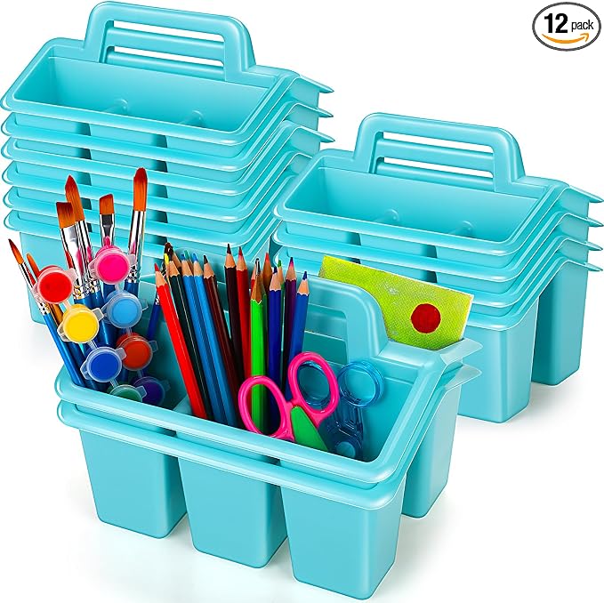WILLBOND 12 Pcs Classroom Storage Caddies Stackable Utility Caddies with 4 Compartment Plastic Caddy with Handle Portable Storage Bins Organizers for Kids Schools Art Craft Supplies by Willbond+Technology+Limited