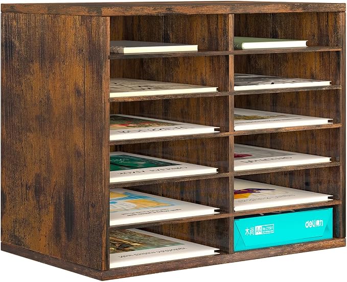 Countertop Mail Sorter Organizer, Wooden Literature Organizer, Student Mailbox for Classroom, Desktop Bill Organizer for Office Home School, 12 Compartments, Antique Brown by PAG