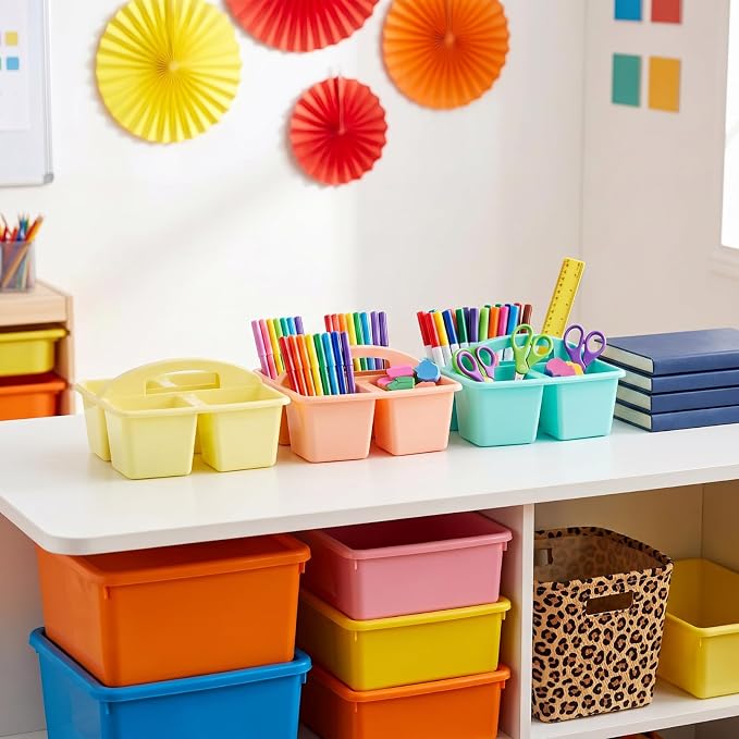 Kathfly 12 Pack Classroom Caddy Organizer with Handle, Plastic Art Craft Cleaning Caddy Bulk, Small Multipurpose Supply Organization Storage Basket for Table Desk Office Pencil Teacher (Macaron Color) - Image 2