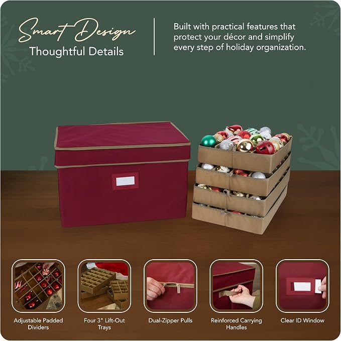 Covermates Keepsakes Adjustable Ornament Storage Box – Heavy-Duty Polyester, Padded Dividers & FlexGrid Trays – Protective Holiday Organizer with Stackable Walls & Label Window, Red - Image 4