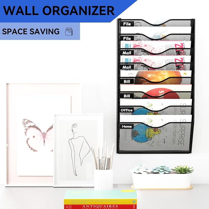 8 Pockets Hanging Wall File Organizer Mail Holder, Wall Mounted Paper Document Folder Holder, Clipboard Storage Organization Magazine Rack, Black - Image 2