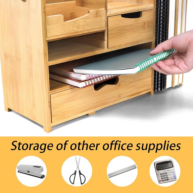 ZOOFOX Bamboo Desk Organizer with Adjustable File Holder, Mail Organizer Countertop with Drawer, 4-Tier Desktop Organization and Desk Accessories for Home Office School Supplies, No Assembly Required - Image 5
