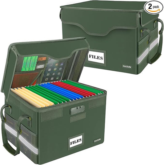 DocSafe Fireproof Document Box with Lock,File Storage Organizer with Pockets,Collapsible Portable File Box Home Office Safe Filing Cabinet with Handle for Hanging Letter/Legal Folders,Green,2 Pack by DocSafe
