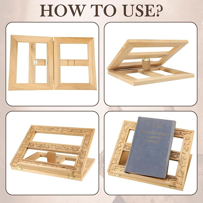 DoubleFill Adjustable Wooden Bible Stand Carved Bible Holder Missal Stand Book Display for Reading Folding Religious Prayer Wooden Holy Book Holder 12.99 x 10.04 Inches (Light Brown) - Image 4