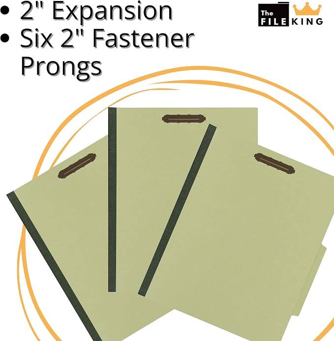 The File King Two Divider Pressboard Classification Pale Green File Folder - Letter Size | Box of 10 | 2/5 ROC Top Tab | 2” Expansion | Six 2-Inch Fastener Prongs | Made in America - Image 4