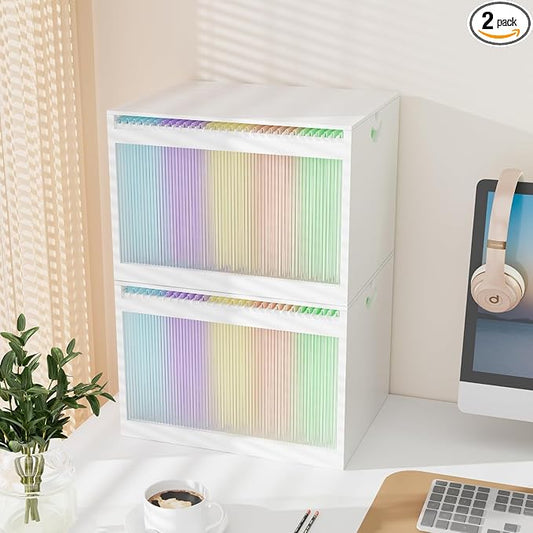 Bamboo Hanging File Organizer, Desktop File Box with Lids, 2 Pack, White | Removable Lid, Clear Acrylic Side Panels, 4 Hanging Folders Included, Helps Reduce Dust, Letter & Legal Size, Easy Assembly by LONTAI