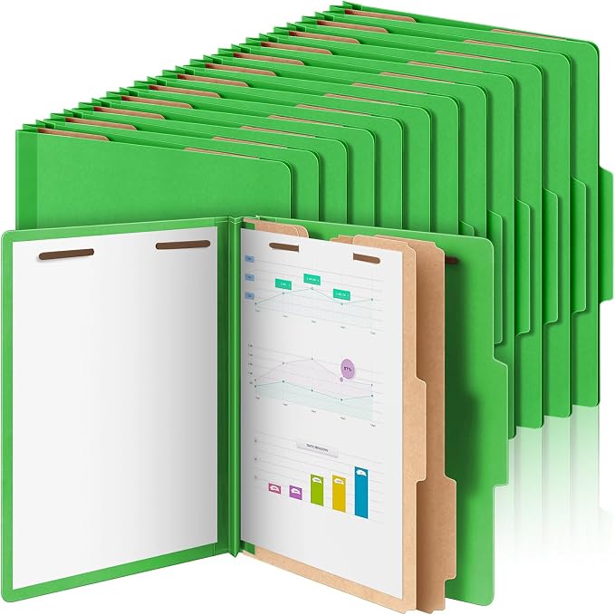 Skyygemm 48 Pcs Classification Folders Letter Size, 2 Divider Pressboard File Folders with 3. 5 Inch Expansion, 2 Prongs Fastener, Heavy Duty Office File Organizers for Teachers, Medical (Green) by Skyygemm